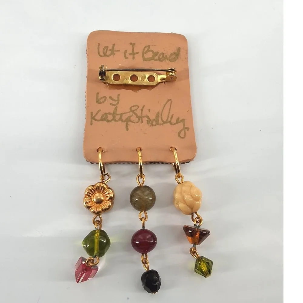 Vtg‎ Katy Stidley Let It Bead Artisan Bird Flower Beaded Dangle Brooch Pin 90s